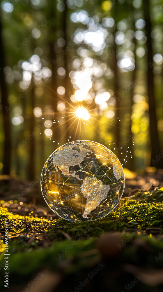 Glowing planet earth is sitting on moss in a forest with the sun shining through the trees at sunset