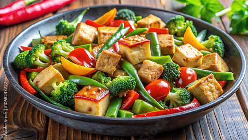 A vibrant stir-fry featuring diced tofu and fresh vegetables like broccoli, bell peppers, and green beans. This dish is beautifully presented in a bowl, surrounded by herbs and chili