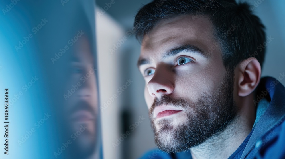 Naklejka premium Thoughtful man with beard looking out window