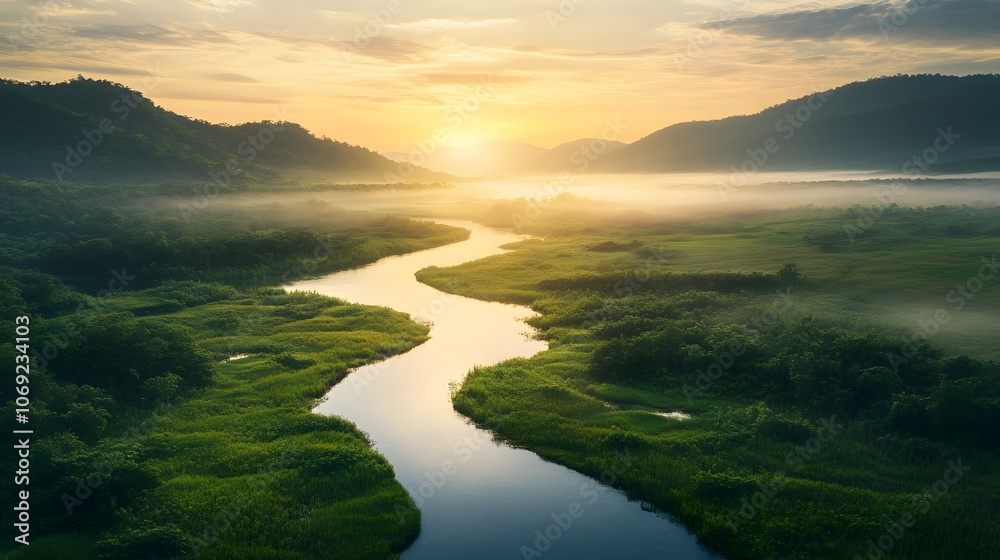 Fototapeta premium Quiet river meandering through a lush valley, with early morning mist gently rising from the water. The tranquil scene captures the serene beauty of nature in its peaceful, undisturbed state.