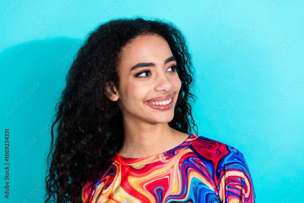 Fototapeta premium Photo of pretty young girl look empty space wear pullover isolated on teal color background