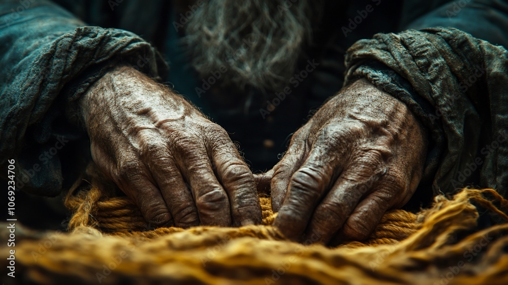 Close up of wrinkled, aged hands of an elderly man working with yellow fiber. Close up of wrinkled, aged hands of an elderly man working with yellow fiber.