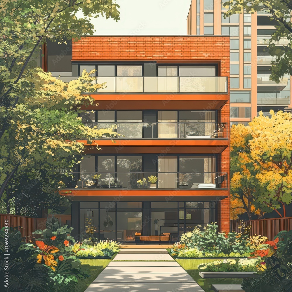 Urban condo with outdoor spaces, Cinnamon Slate architecture, flat design illustration