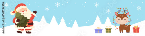 Banner with cute Santa Claus, Christmas tree, lights, reindeer and gifts. Snowy forest with snowflakes.