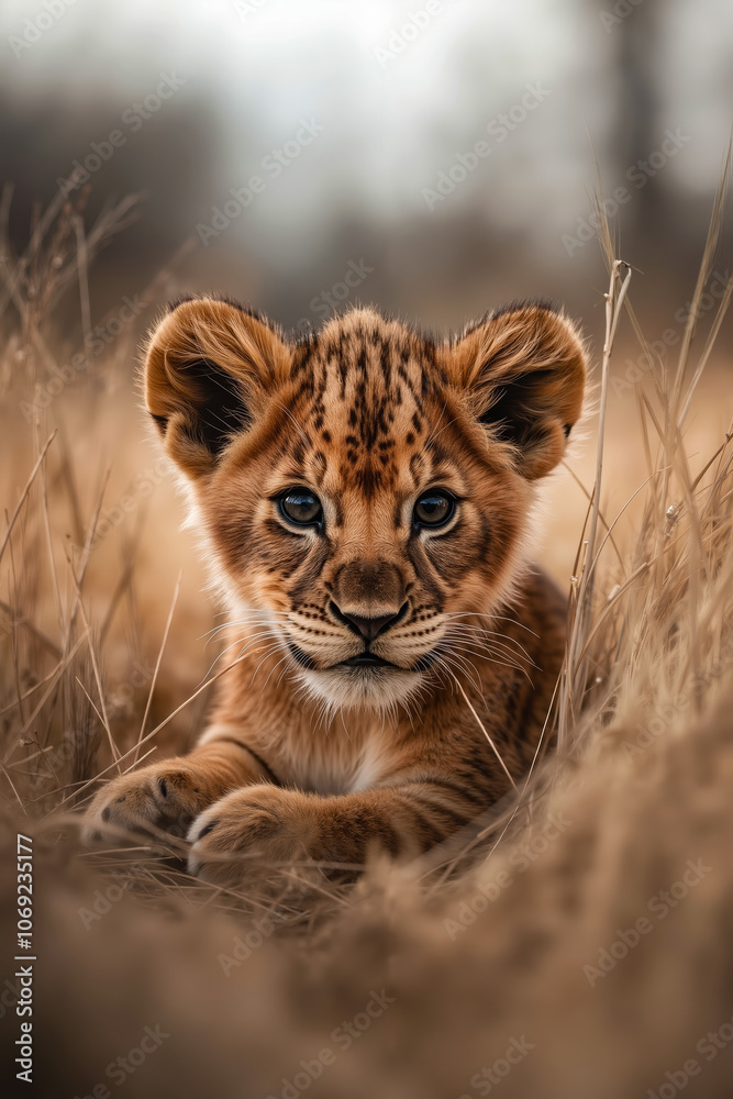 Naklejka premium A small lion cub laying in the tall grass