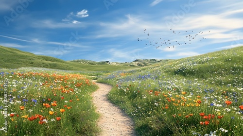 Rolling hills blanketed with wildflowers, meandering dirt paths, and a clear blue sky with birds soaring overhead photo