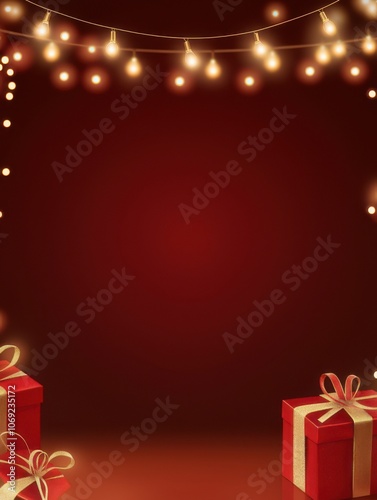 Festive red background adorned with glowing lights and wrapped gifts celebrating the holiday season