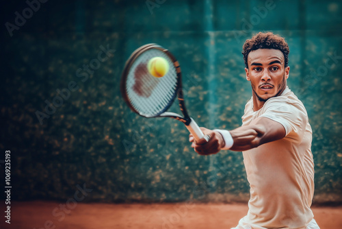 Black man playing tennis in a court.