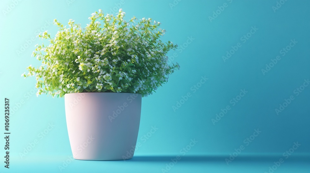A potted plant with white flowers against a blue background. A potted plant with white flowers against a blue background.
