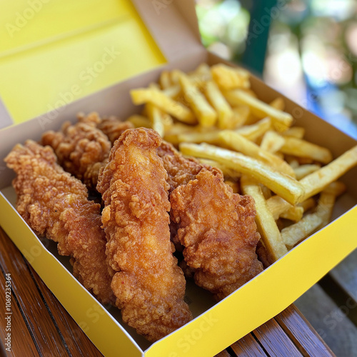 Goldgelbe, knusprig frittierte Hähnchensticks mit herzhaften Pommes Frites in stylischer Takeaway-Box. Fast Food Fotografie für Restaurant, Imbiss und Street Food Marketing photo