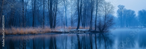 A peaceful winter scene with a lake and trees covered in snow, reflecting in still water. photo