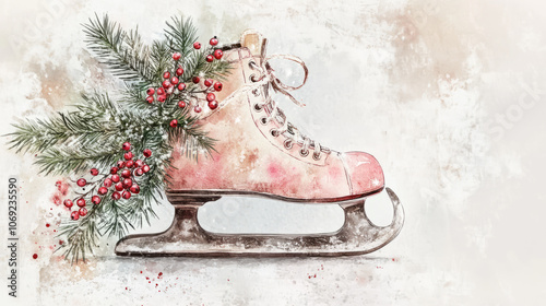 A vintage ice skate decorated with pine branches and red berries, capturing a festive and cozy holiday spirit in watercolor style photo