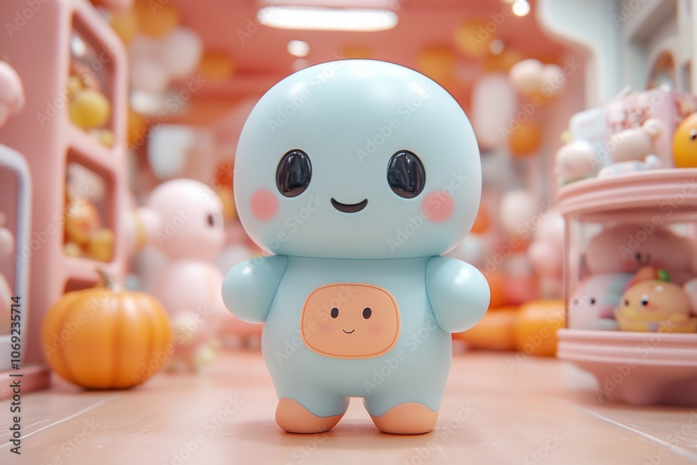 A cute blue toy character with a smiling face stands in a pastel-colored room with round shelves and toys in the background. Suitable for children's products, toys, and playful designs. A cute blue toy character with a smiling face stands in a pastel-colored room with round shelves and toys in the background. Suitable for children's products, toys, and playful designs.