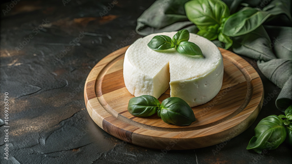 custom made wallpaper toronto digitalA round, freshly crafted cheese, partially cut, rests on a wooden board with vibrant green basil leaves beside it, creating a rustic culinary atmosphere