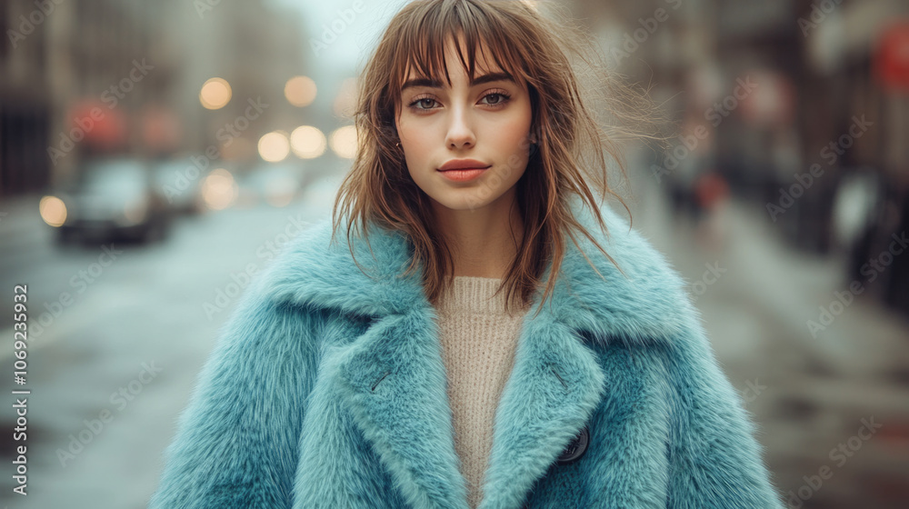 Young woman in a stylish blue fur coat standing in an urban setting with blurred city lights, exuding calm confidence and modern fashion sense Young woman in a stylish blue fur coat standing in an urban setting with blurred city lights, exuding calm confidence and modern fashion sense