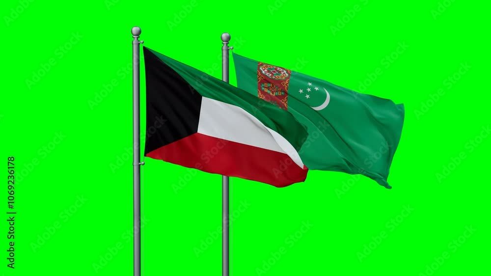 Turkmenistan and Kuwait flags flying together, video concept of the relationship with colored chroma key for easy background remove, two country cooperation concept
