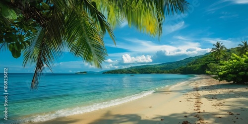 A serene tropical beach with crystal-clear water, lush greenery, and a bright blue sky creates a paradise setting.