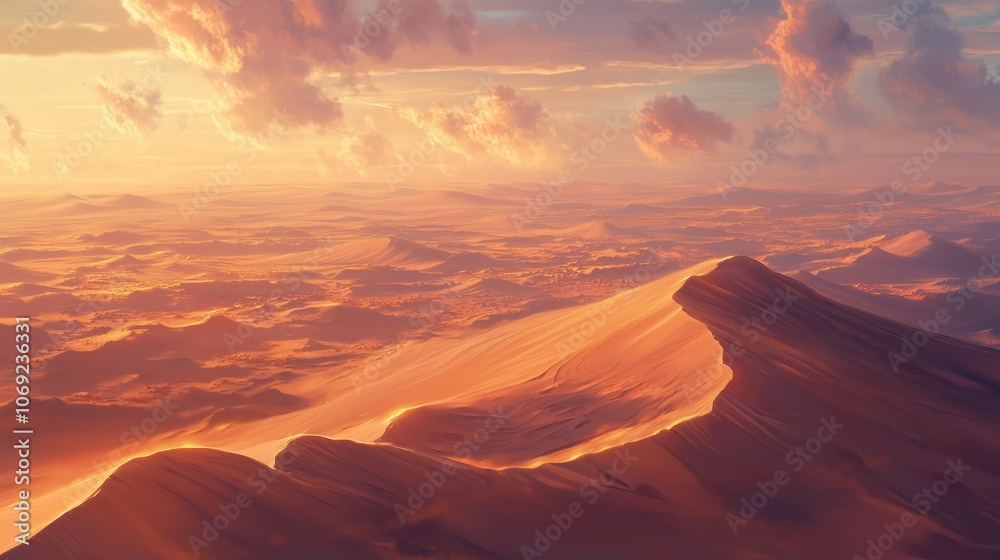 Fototapeta premium Stunning sunset over rolling sand dunes showcasing vibrant colors and dramatic clouds in a vast desert landscape