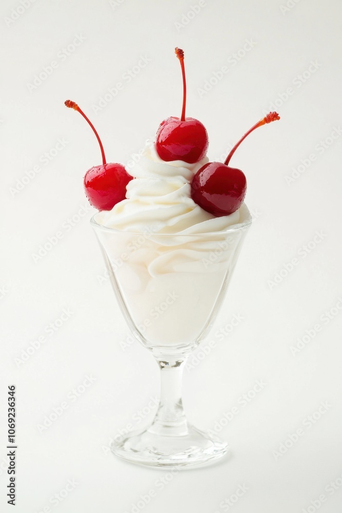 Delicious cherry dessert with whipped cream in a glass Delicious cherry dessert with whipped cream in a glass