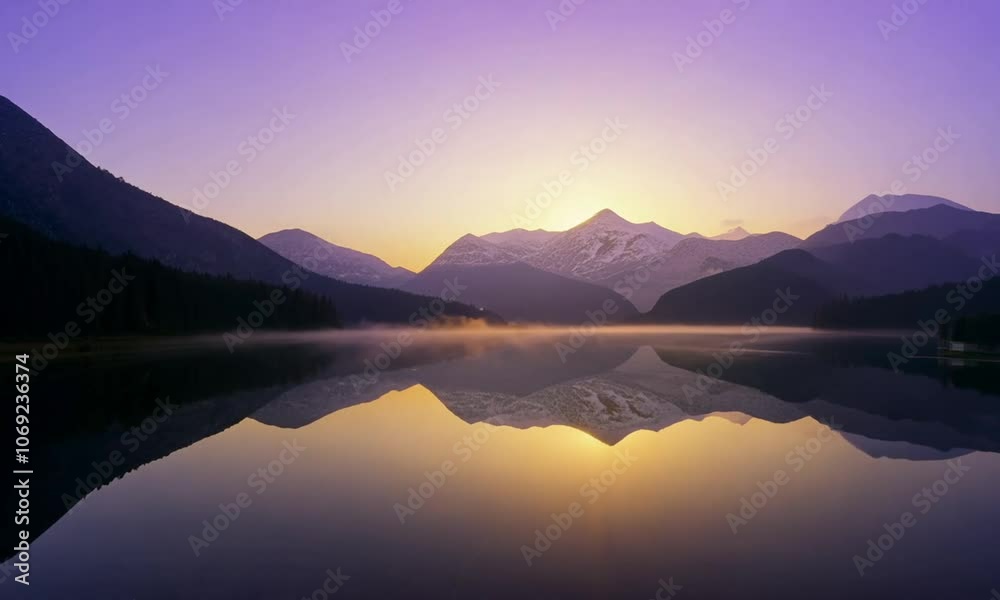 Scenic shot of a lake with morning fog, and a mountain in the background at sunrise Scenic shot of a lake with morning fog, and a mountain in the background at sunrise