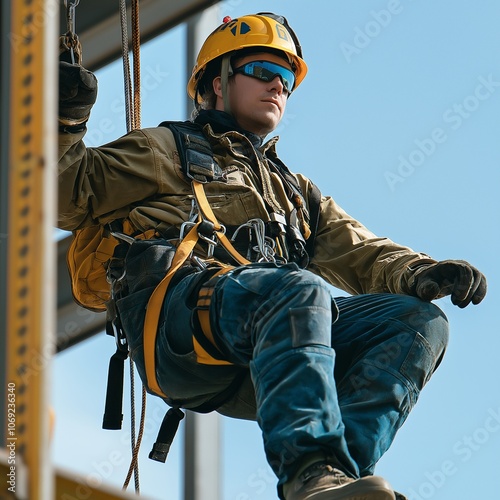 A construction worker in harness and helmet works suspended in air on the side of a modern building structure.