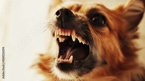 Dog with angry emotion, teeth showing, barking heavily, isolated on a white background