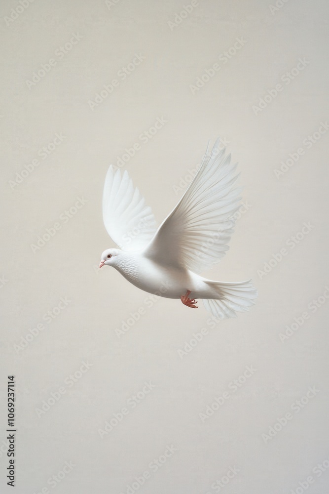 Fototapeta premium A graceful white dove in flight against a pale background