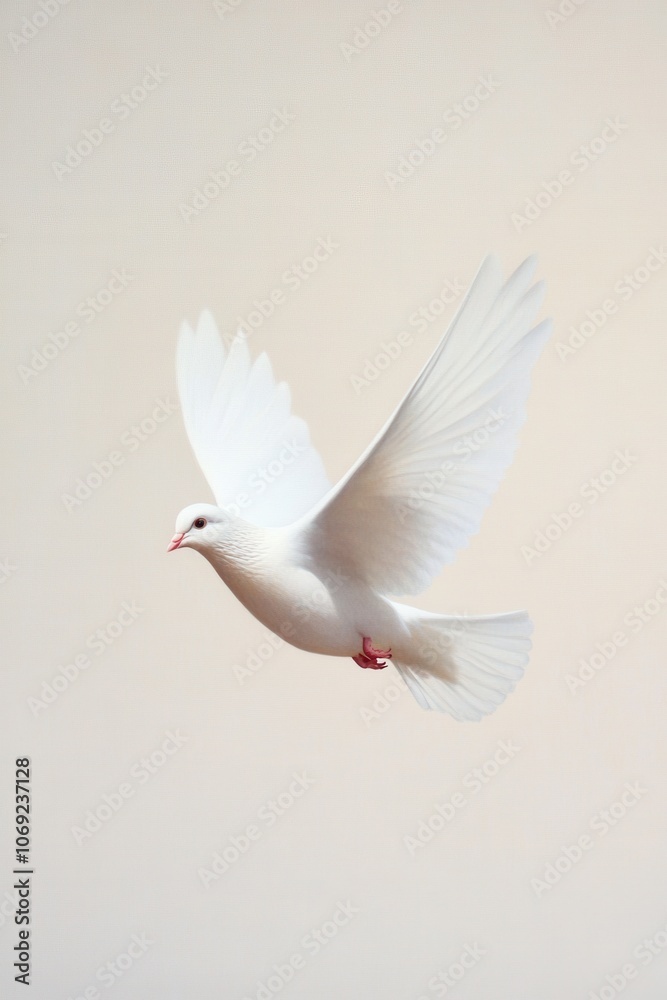 Majestic white dove in flight against a soft, neutral background