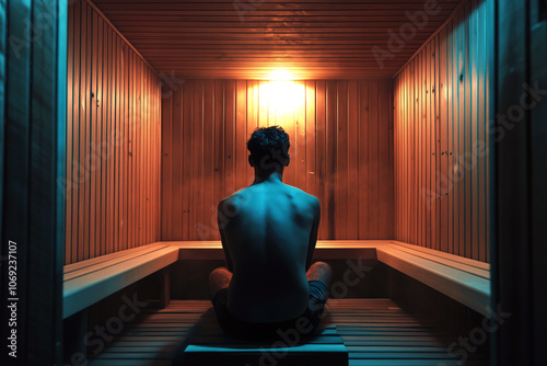 Man relaxing in a sauna, surrounded by wooden walls and dim lighting, evoking warmth and relaxation.