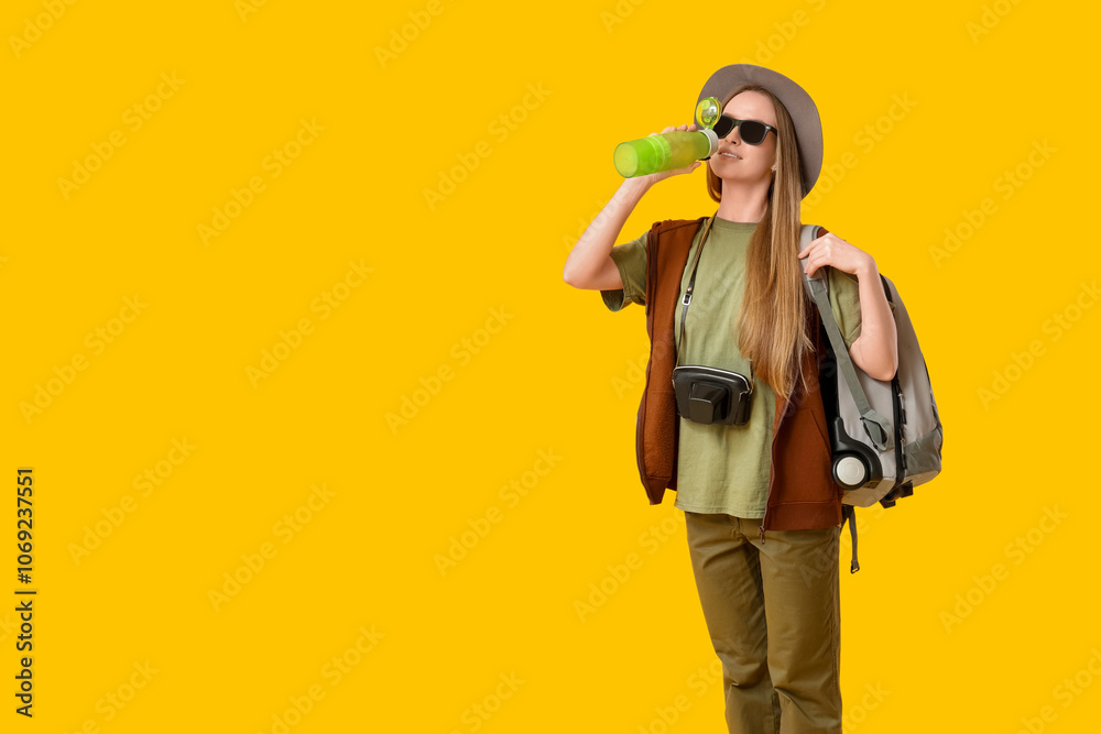 Young woman drinking something from plastic bottle on yellow background. Travel concept Young woman drinking something from plastic bottle on yellow background. Travel concept