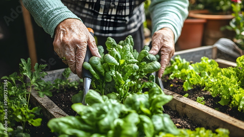 Seniors Engaging in Therapeutic Gardening in Ergonomically Designed Raised Beds Filled with Lively Plants and Tools photo