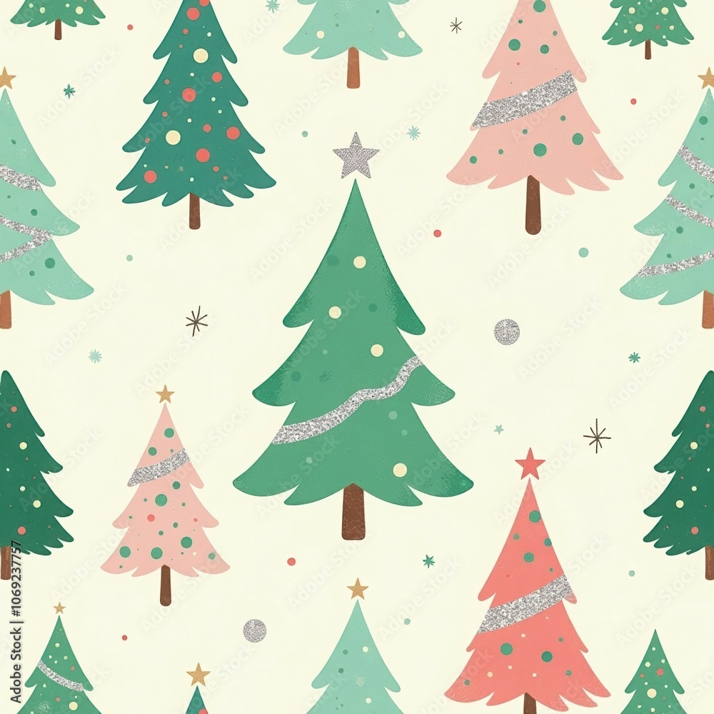 charming minimalist seamless pattern of decorated Christmas trees in green mint and pink colors with silver accents, cream background. fabric design, wrapping paper, print, Christmas pattern concept. charming minimalist seamless pattern of decorated Christmas trees in green mint and pink colors with silver accents, cream background. fabric design, wrapping paper, print, Christmas pattern concept.