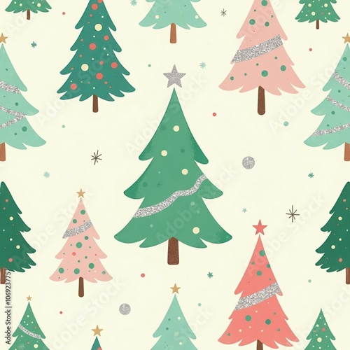 charming minimalist seamless pattern of decorated Christmas trees in green mint and pink colors with silver accents, cream background. fabric design, wrapping paper, print, Christmas pattern concept.