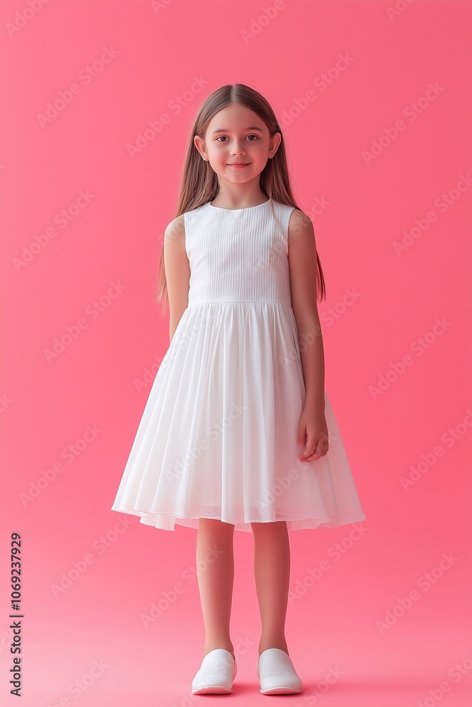 Happy girl in a white dress on a pink background with space for text Happy girl in a white dress on a pink background with space for text