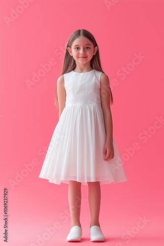 Happy girl in a white dress on a pink background with space for text