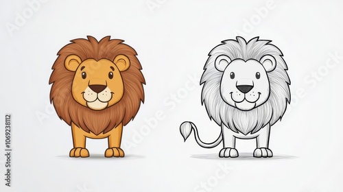 Illustration of a cute cartoon lion in color and black and white style, perfect for children's designs and educational materials.