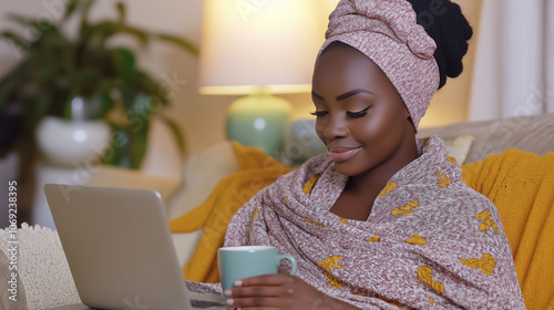  Black Woman Wrapped In A Blanket Reading a Book Drinking a Cup Of Tea in a Warm, Tranquil Home Setting photo