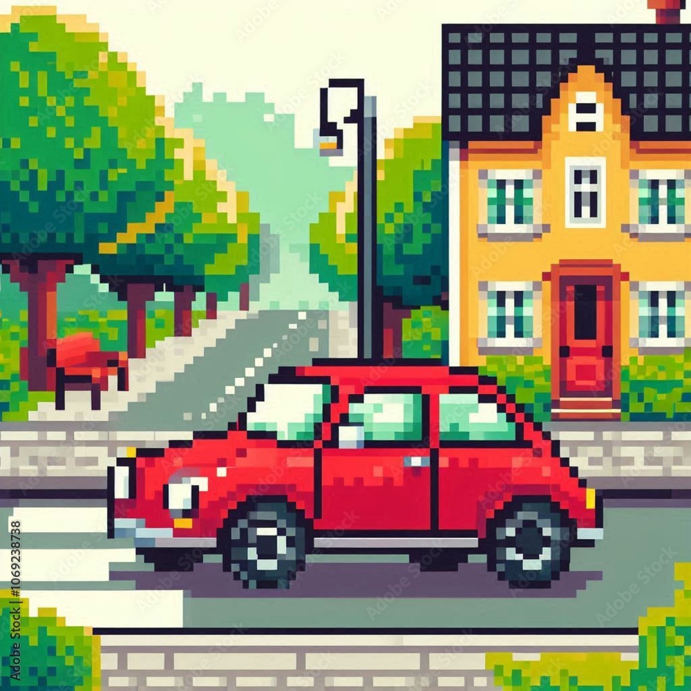 Fototapeta premium red car is parked in front of the house, pixel art