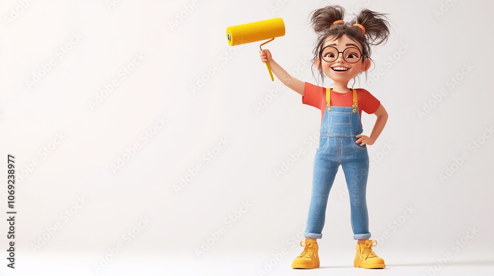 A cartoon girl in overalls, glasses, and pigtails holds a paint roller and smiles. A cartoon girl in overalls, glasses, and pigtails holds a paint roller and smiles.
