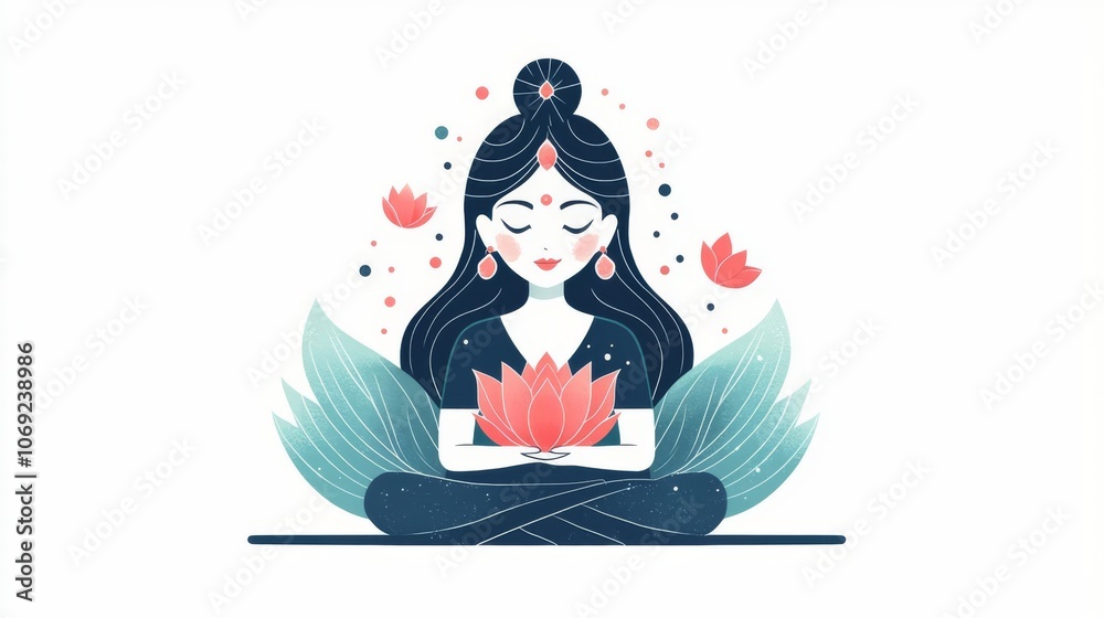 A serene illustration of a woman meditating with a lotus flower, symbolizing peace, harmony, and spiritual growth. A serene illustration of a woman meditating with a lotus flower, symbolizing peace, harmony, and spiritual growth.
