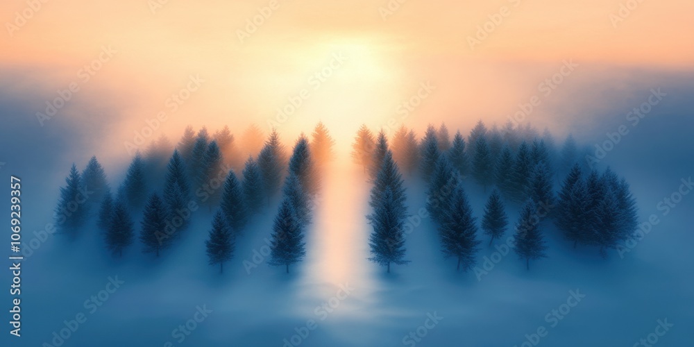 Serene winter landscape with pine trees in the fog at sunset Serene winter landscape with pine trees in the fog at sunset