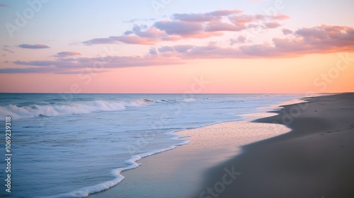 Serene beach at dusk with gentle waves lapping against soft sand, and a sky painted in vibrant hues of pink, orange, and purple photo