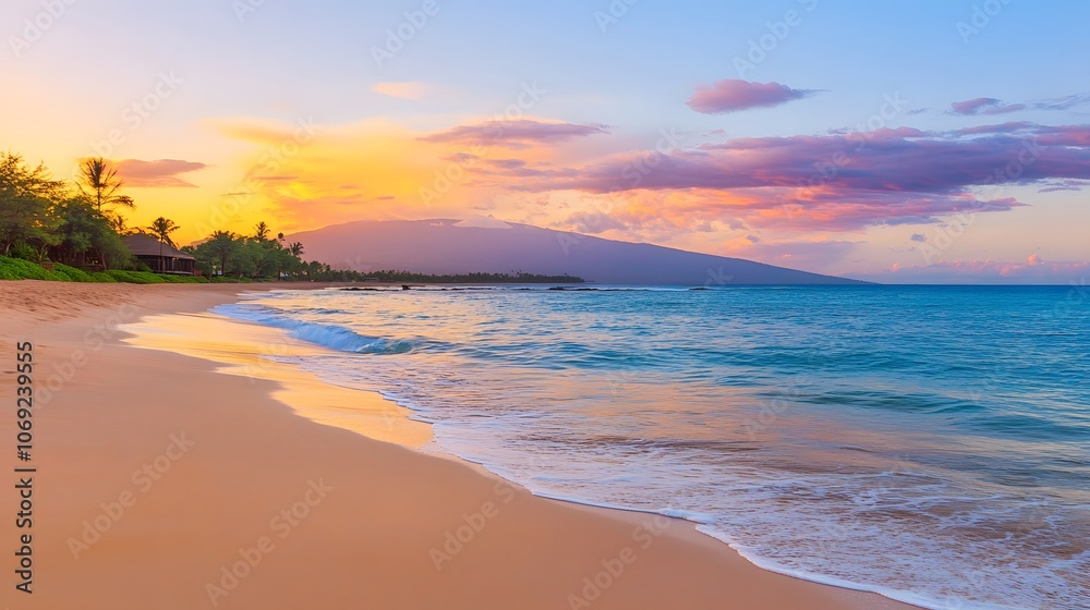 Serene beach at dusk with gentle waves lapping against soft sand, and a sky painted in vibrant hues of pink, orange, and purple Serene beach at dusk with gentle waves lapping against soft sand, and a sky painted in vibrant hues of pink, orange, and purple