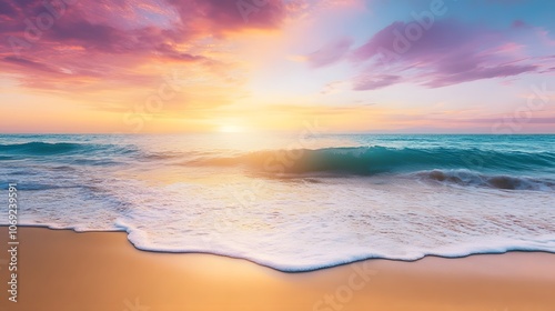 Serene beach at dusk with gentle waves lapping against soft sand, and a sky painted in vibrant hues of pink, orange, and purple photo