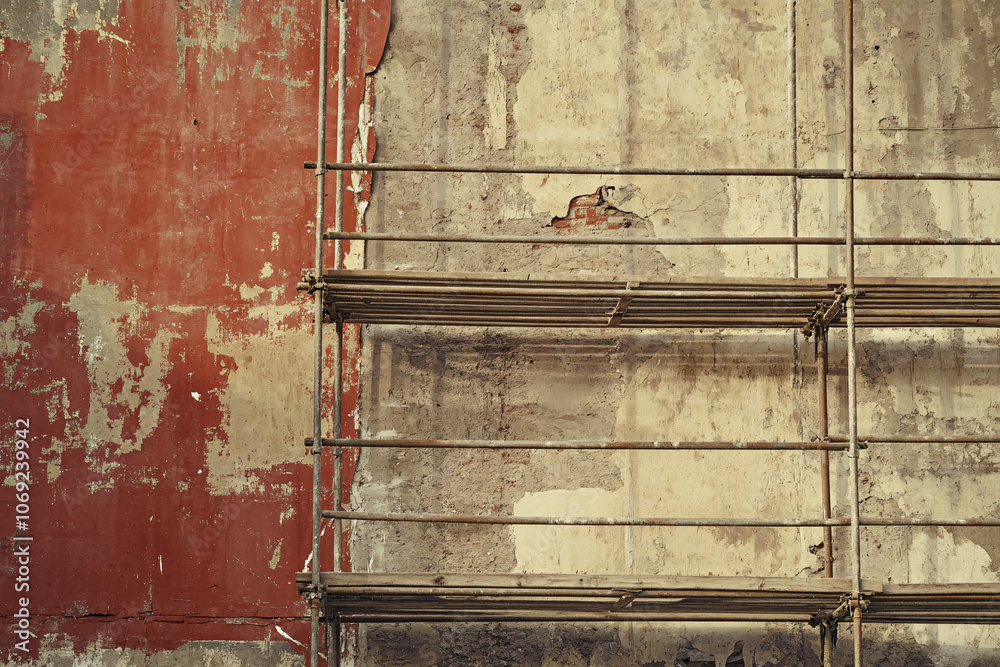 Weathered concrete wall with faded red paint and metal scaffolding creating a rustic industrial aesthetic
Weathered concrete wall with faded red paint and metal scaffolding creating a rustic industrial aesthetic