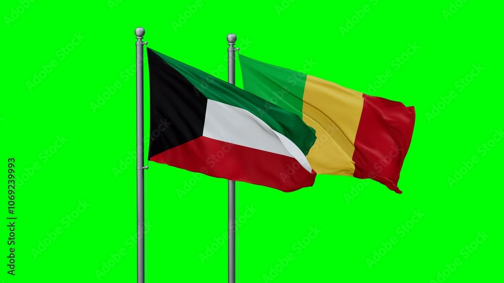 Mali and Kuwait flags waving together, video concept of the relationship with colored chroma key for easy background remove Mali and Kuwait flags waving together, video concept of the relationship with colored chroma key for easy background remove