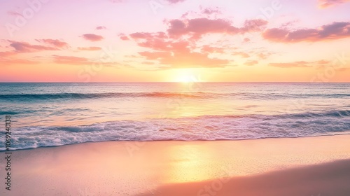 Serene beach at sunrise, gentle waves lapping the shore, and a sky painted with shades of pink, orange, and purple