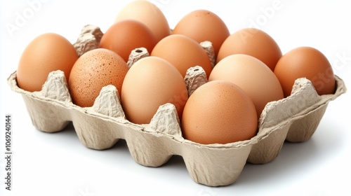 A carton of brown eggs isolated on a white background.