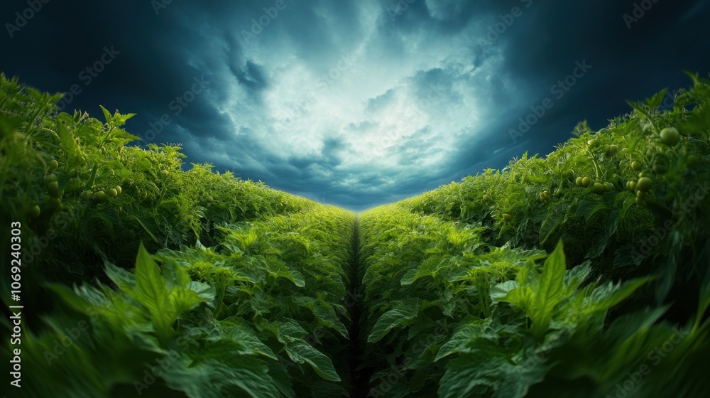 Lush green field under a dramatic stormy sky Lush green field under a dramatic stormy sky