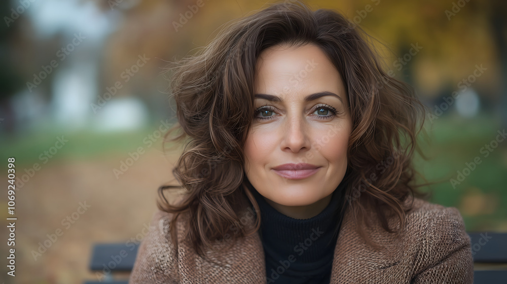 A woman with shoulder-length curly hair is seated on a bench in a park. She appears calm and thoughtful as autumn leaves cover the ground, creating a serene atmosphere. A woman with shoulder-length curly hair is seated on a bench in a park. She appears calm and thoughtful as autumn leaves cover the ground, creating a serene atmosphere.